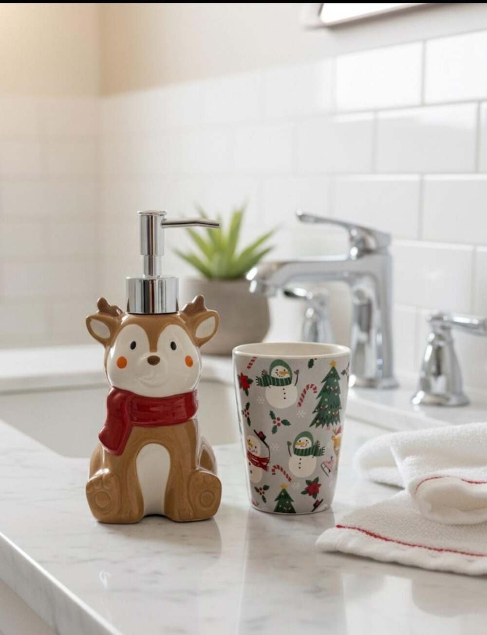 Holly and Jolly Home & Bath 2pc Ceramic Christmas Reindeer Lotion Pump and Snowm